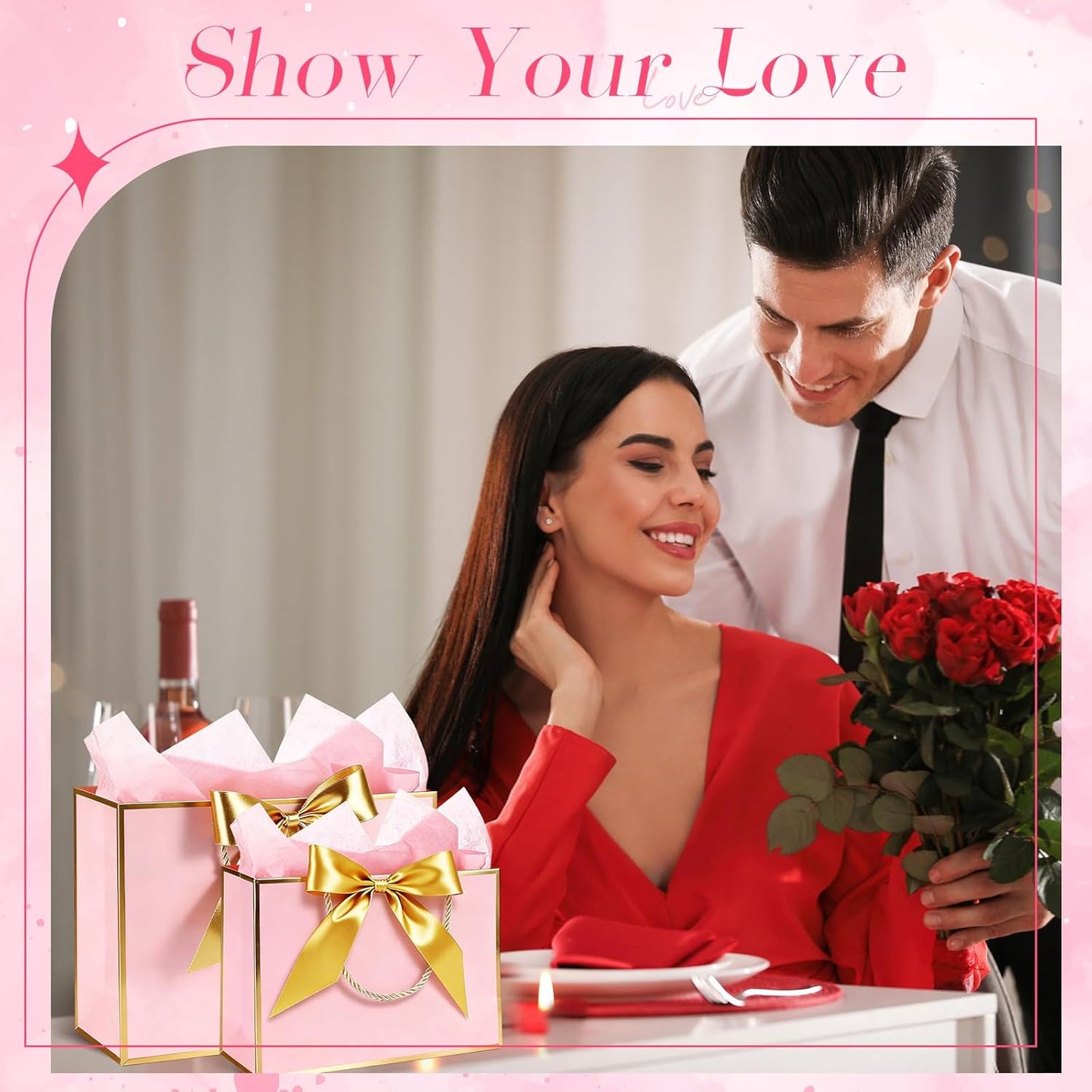10 Set Pink Gift Bags Assorted Sizes with Ribbon Greeting Card Tissue Paper (3 Large 12.6", 3 Medium 11", 4 Small 7.5") Luxury Paper Gift Bags for Women Wedding Birthday Anniversary Graduation
