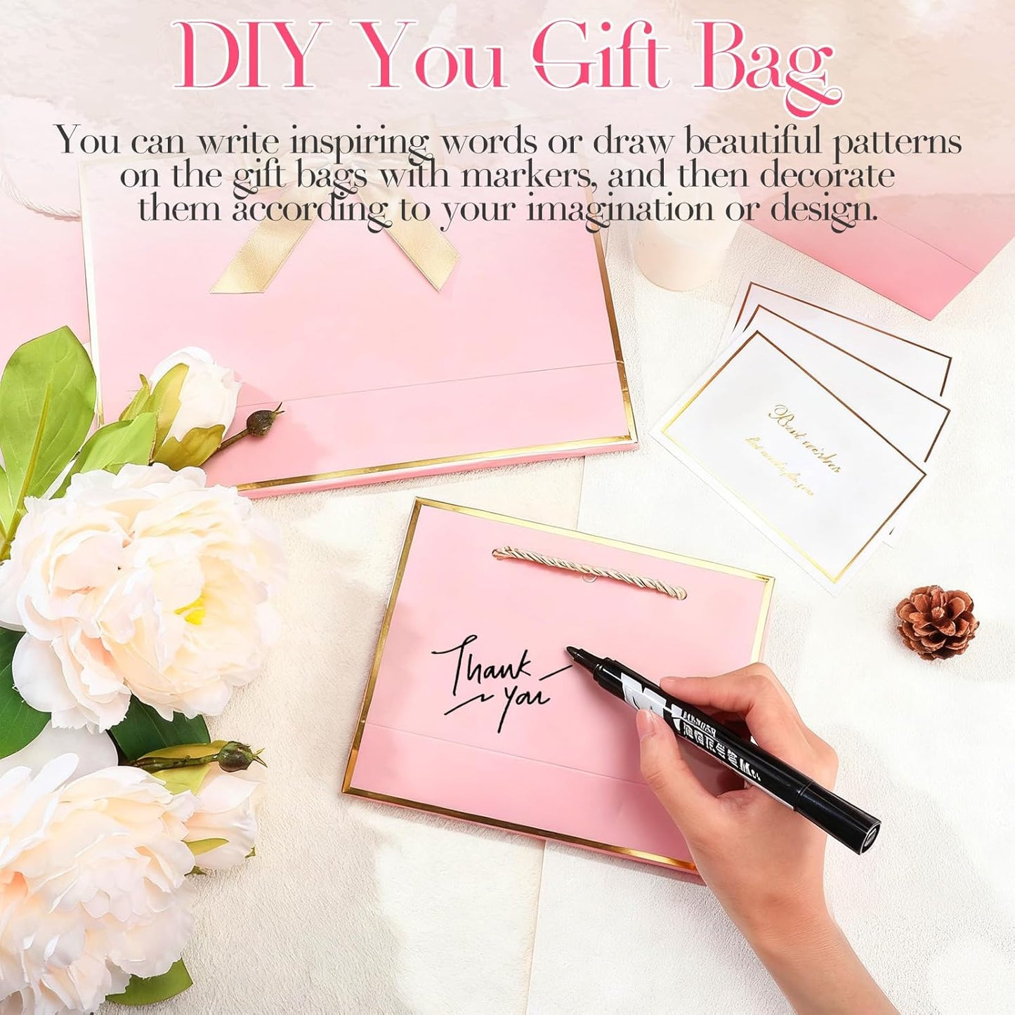 10 Set Pink Gift Bags Assorted Sizes with Ribbon Greeting Card Tissue Paper (3 Large 12.6", 3 Medium 11", 4 Small 7.5") Luxury Paper Gift Bags for Women Wedding Birthday Anniversary Graduation