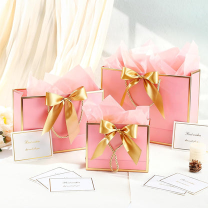 10 Set Pink Gift Bags Assorted Sizes with Ribbon Greeting Card Tissue Paper (3 Large 12.6", 3 Medium 11", 4 Small 7.5") Luxury Paper Gift Bags for Women Wedding Birthday Anniversary Graduation