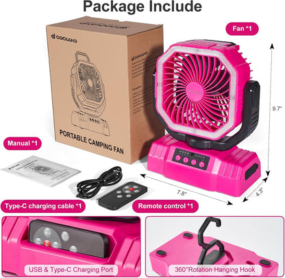 Portable Camping Fan with Light, 20000mAh Rechargeable Battery Fan