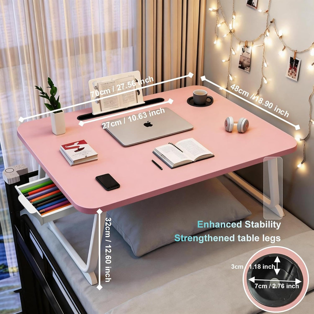 27.6" Home Office Folding Lap Desk with Drawer, Tablet Slot, Cup Holder - Fits up to 18 Inch Laptops, Bed Desk for Reading, Writing, Eating, Portable Laptop Table for Sofa, Coach, Floor (Pink)