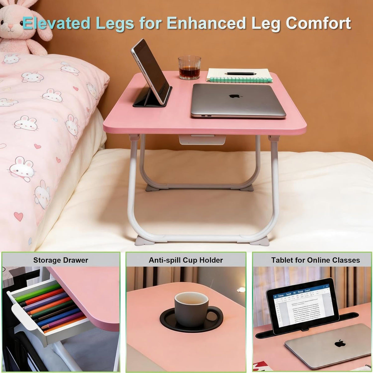 27.6" Home Office Folding Lap Desk with Drawer, Tablet Slot, Cup Holder - Fits up to 18 Inch Laptops, Bed Desk for Reading, Writing, Eating, Portable Laptop Table for Sofa, Coach, Floor (Pink)
