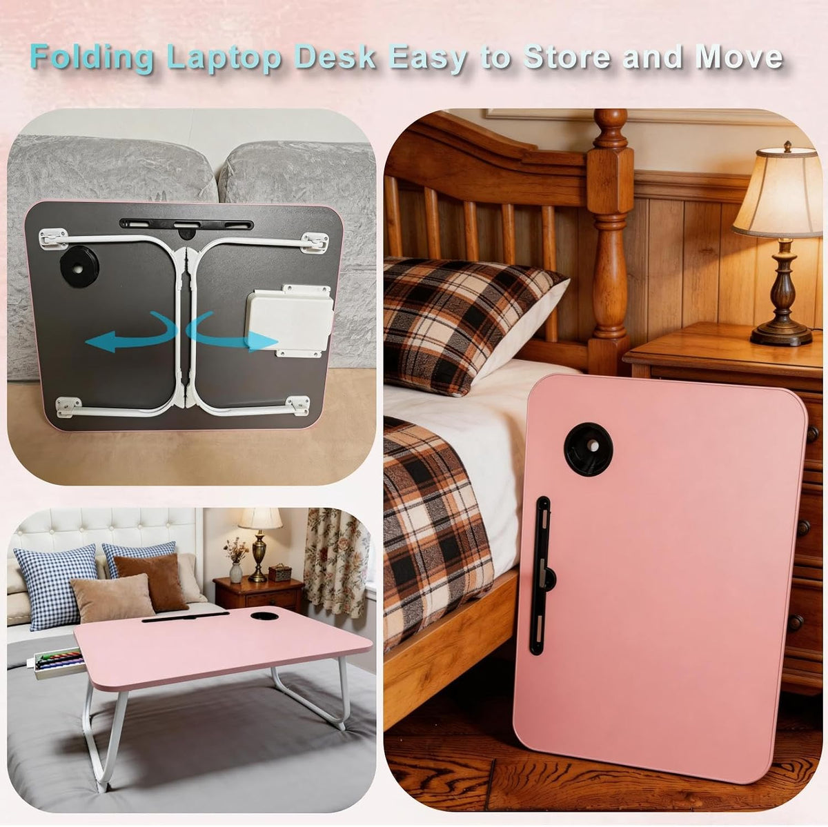 27.6" Home Office Folding Lap Desk with Drawer, Tablet Slot, Cup Holder - Fits up to 18 Inch Laptops, Bed Desk for Reading, Writing, Eating, Portable Laptop Table for Sofa, Coach, Floor (Pink)