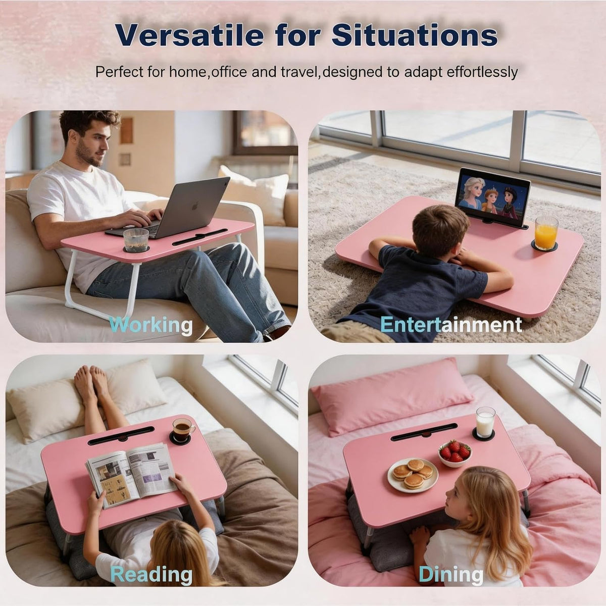 27.6" Home Office Folding Lap Desk with Drawer, Tablet Slot, Cup Holder - Fits up to 18 Inch Laptops, Bed Desk for Reading, Writing, Eating, Portable Laptop Table for Sofa, Coach, Floor (Pink)