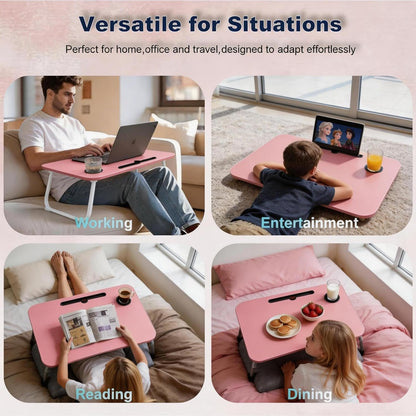 27.6" Home Office Folding Lap Desk with Drawer, Tablet Slot, Cup Holder - Fits up to 18 Inch Laptops, Bed Desk for Reading, Writing, Eating, Portable Laptop Table for Sofa, Coach, Floor (Pink)