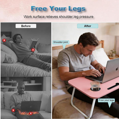 27.6" Home Office Folding Lap Desk with Drawer, Tablet Slot, Cup Holder - Fits up to 18 Inch Laptops, Bed Desk for Reading, Writing, Eating, Portable Laptop Table for Sofa, Coach, Floor (Pink)