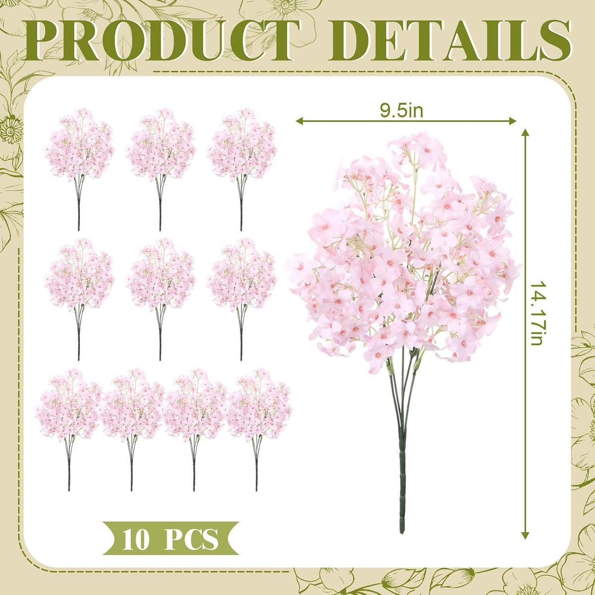 10 Pcs Artificial Cherry Blossoms 14 Inches Fake Silk Pink Sakura Peach Flowers for Vase, Spring Realistic Faux Flowers for Women Gifts, Home Table Decor Wedding Bouquet Centerpieces