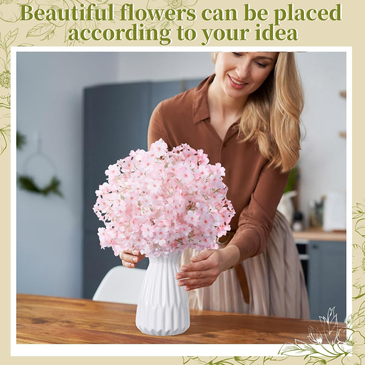 10 Pcs Artificial Cherry Blossoms 14 Inches Fake Silk Pink Sakura Peach Flowers for Vase, Spring Realistic Faux Flowers for Women Gifts, Home Table Decor Wedding Bouquet Centerpieces