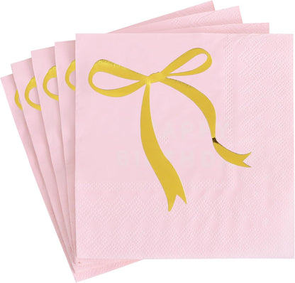 Vuzvuv 52 Pack Gold Foil Bow Cocktail Napkins - Bow Hand Napkin for Birthday Anniversary Celebratory Party Supplies Decorations Table Decor(5" Folded 3 Ply-Pink)