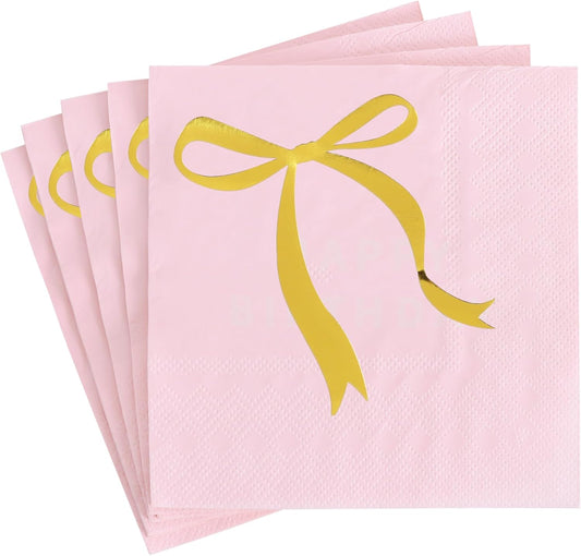 Vuzvuv 52 Pack Gold Foil Bow Cocktail Napkins - Bow Hand Napkin for Birthday Anniversary Celebratory Party Supplies Decorations Table Decor(5" Folded 3 Ply-Pink)
