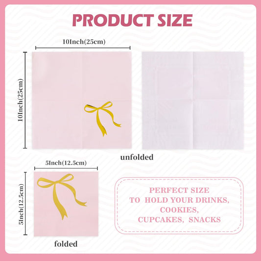 Vuzvuv 52 Pack Gold Foil Bow Cocktail Napkins - Bow Hand Napkin for Birthday Anniversary Celebratory Party Supplies Decorations Table Decor(5" Folded 3 Ply-Pink)