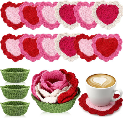 15 Pcs Heart Crochet Coasters Set Cute Flower Crochet Coaster with Pot Handmade Pink Cup Mat Housewarming Gift for Home Bar Desk Decor