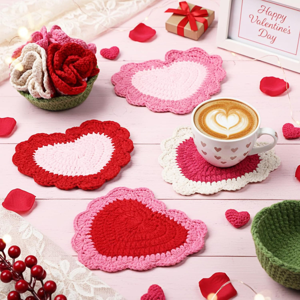 15 Pcs Heart Crochet Coasters Set Cute Flower Crochet Coaster with Pot Handmade Pink Cup Mat Housewarming Gift for Home Bar Desk Decor