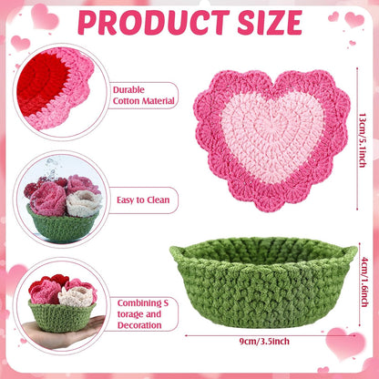 15 Pcs Heart Crochet Coasters Set Cute Flower Crochet Coaster with Pot Handmade Pink Cup Mat Housewarming Gift for Home Bar Desk Decor