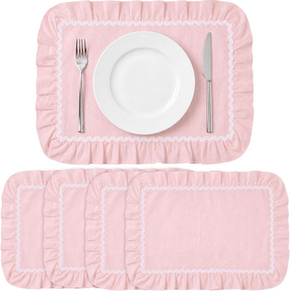 Set of 4 Thick Cotton Ruffled Placemats Scalloped Edge Table Mats Washable Machine Flower Place Mats for Wedding Party Kitchen Dining Holiday Birthday Decor(Pink, White,Rectangle Style)