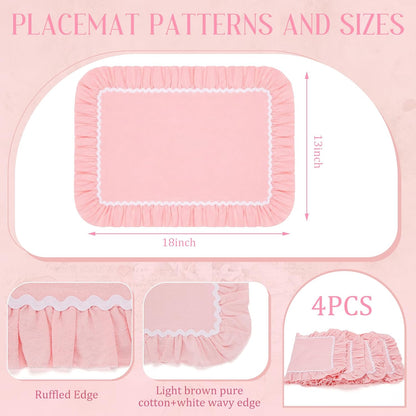 Set of 4 Thick Cotton Ruffled Placemats Scalloped Edge Table Mats Washable Machine Flower Place Mats for Wedding Party Kitchen Dining Holiday Birthday Decor(Pink, White,Rectangle Style)