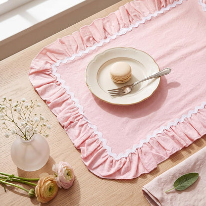 Set of 4 Thick Cotton Ruffled Placemats Scalloped Edge Table Mats Washable Machine Flower Place Mats for Wedding Party Kitchen Dining Holiday Birthday Decor(Pink, White,Rectangle Style)