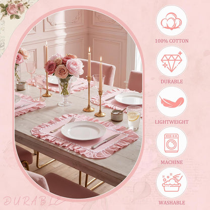 Set of 4 Thick Cotton Ruffled Placemats Scalloped Edge Table Mats Washable Machine Flower Place Mats for Wedding Party Kitchen Dining Holiday Birthday Decor(Pink, White,Rectangle Style)