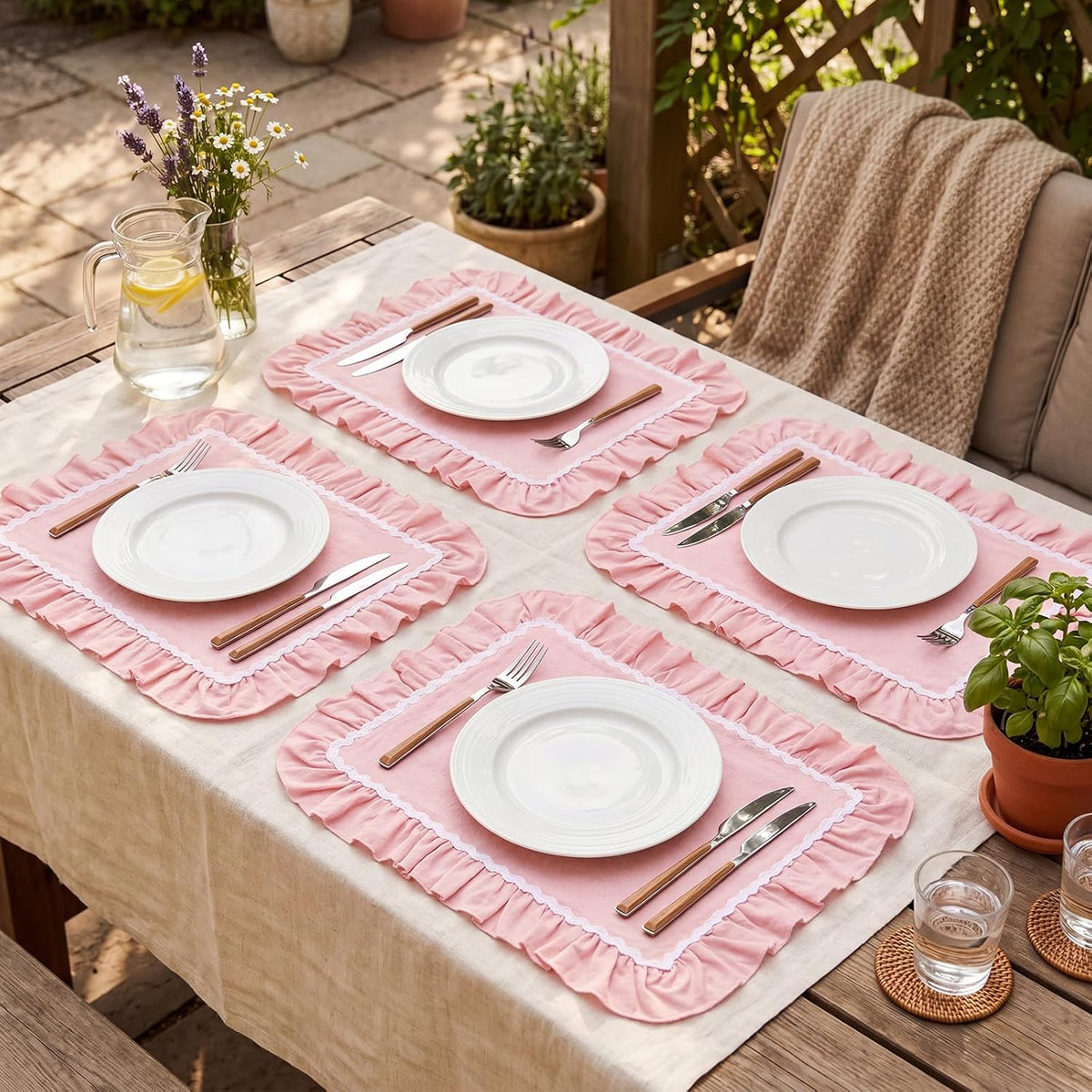 Set of 4 Thick Cotton Ruffled Placemats Scalloped Edge Table Mats Washable Machine Flower Place Mats for Wedding Party Kitchen Dining Holiday Birthday Decor(Pink, White,Rectangle Style)