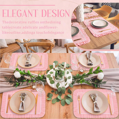 Set of 4 Thick Cotton Ruffled Placemats Scalloped Edge Table Mats Washable Machine Flower Place Mats for Wedding Party Kitchen Dining Holiday Birthday Decor(Pink, White,Rectangle Style)