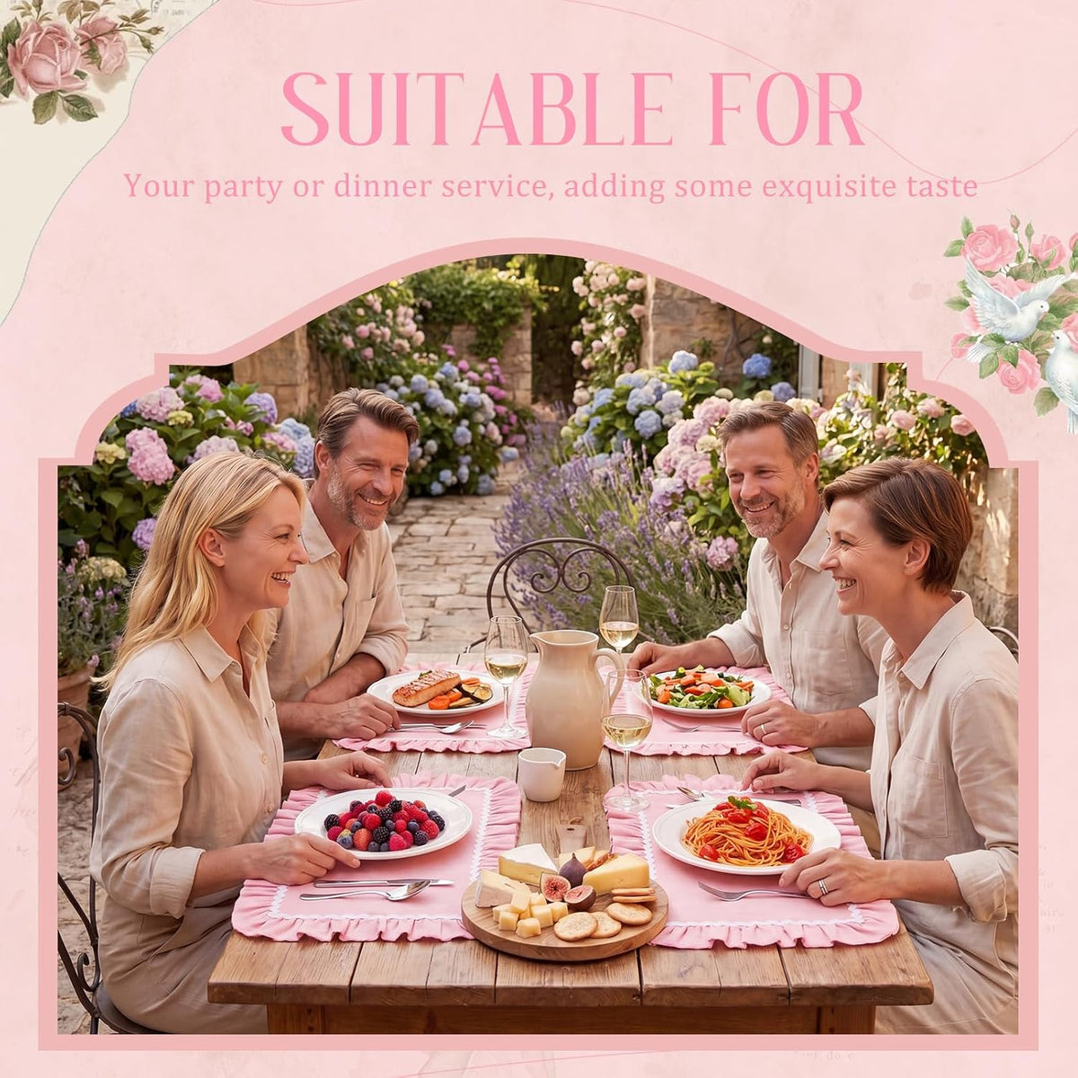 Set of 4 Thick Cotton Ruffled Placemats Scalloped Edge Table Mats Washable Machine Flower Place Mats for Wedding Party Kitchen Dining Holiday Birthday Decor(Pink, White,Rectangle Style)