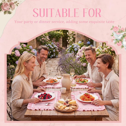 Set of 4 Thick Cotton Ruffled Placemats Scalloped Edge Table Mats Washable Machine Flower Place Mats for Wedding Party Kitchen Dining Holiday Birthday Decor(Pink, White,Rectangle Style)