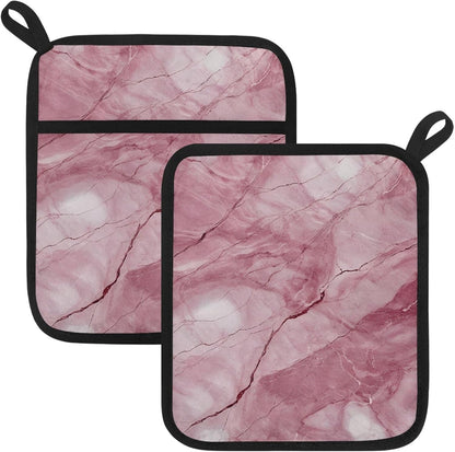 2 Pcs Square Pot Holders for Kitchen with Pockets, Light Pink Abstract Marble Hot Handle Holders for Pots and Pans, Kitchen Hot Pad Oven Mitts for Baking Cooking, 8.5" X 10"