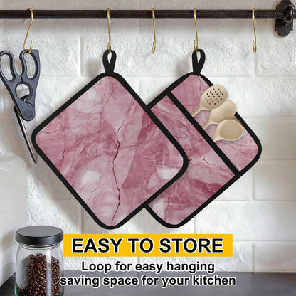 2 Pcs Square Pot Holders for Kitchen with Pockets, Light Pink Abstract Marble Hot Handle Holders for Pots and Pans, Kitchen Hot Pad Oven Mitts for Baking Cooking, 8.5" X 10"