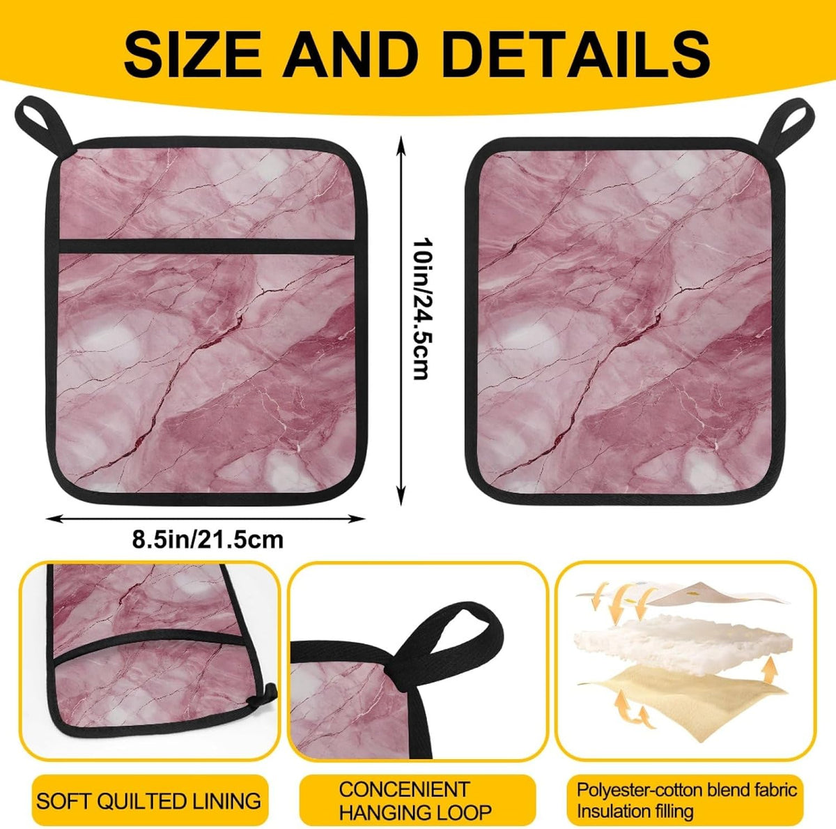 2 Pcs Square Pot Holders for Kitchen with Pockets, Light Pink Abstract Marble Hot Handle Holders for Pots and Pans, Kitchen Hot Pad Oven Mitts for Baking Cooking, 8.5" X 10"