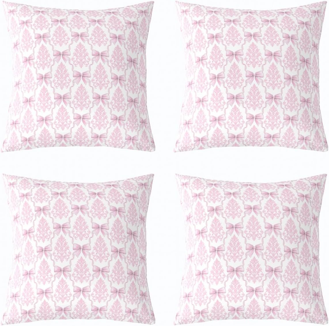 Girly Bowknot Pillow Cover,Pink Lace Damask Bow Tie Print Double Sides Print Pillowcase Soft Square Cushion Case,Antique Victorian Baroque Boho Throw Pillow Cover 16"x16",4 Pack