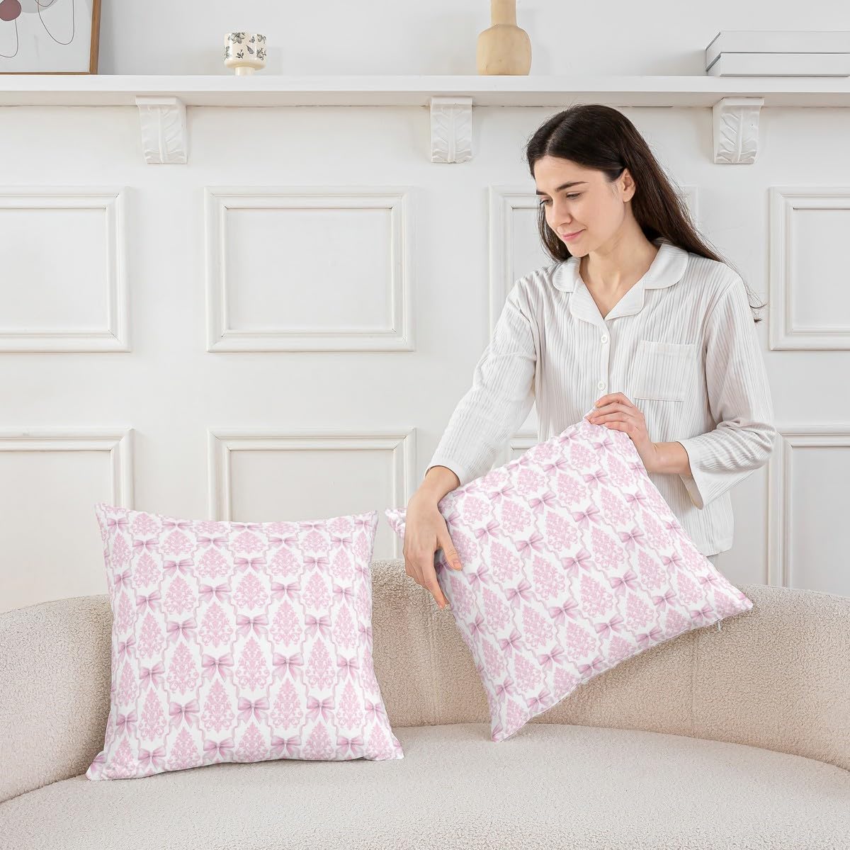 Girly Bowknot Pillow Cover,Pink Lace Damask Bow Tie Print Double Sides Print Pillowcase Soft Square Cushion Case,Antique Victorian Baroque Boho Throw Pillow Cover 16"x16",4 Pack