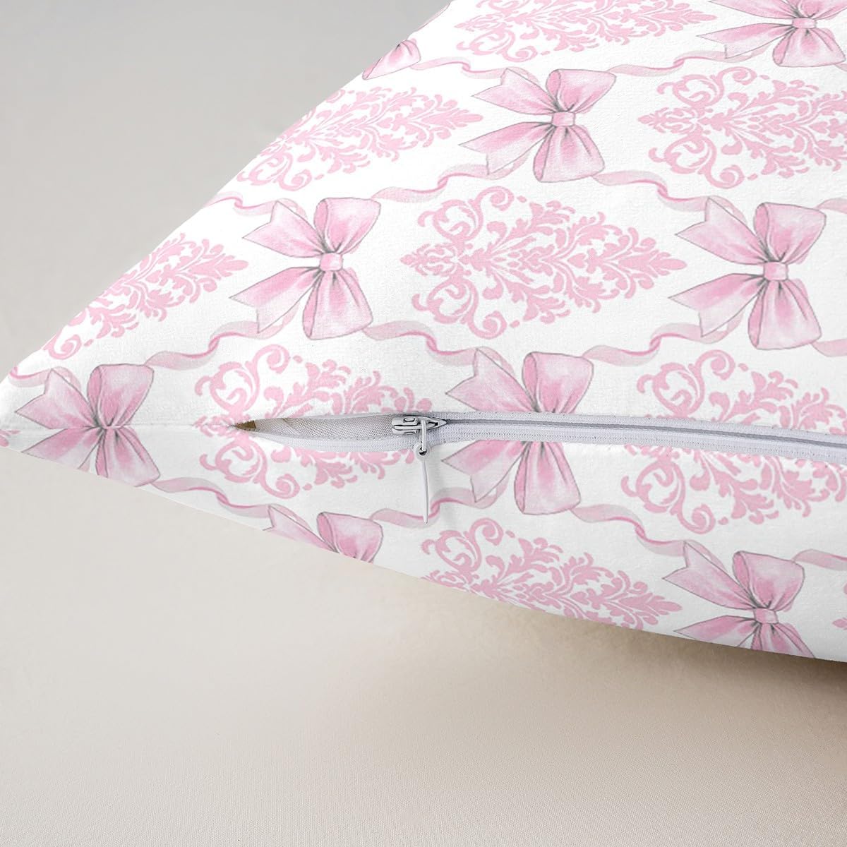 Girly Bowknot Pillow Cover,Pink Lace Damask Bow Tie Print Double Sides Print Pillowcase Soft Square Cushion Case,Antique Victorian Baroque Boho Throw Pillow Cover 16"x16",4 Pack