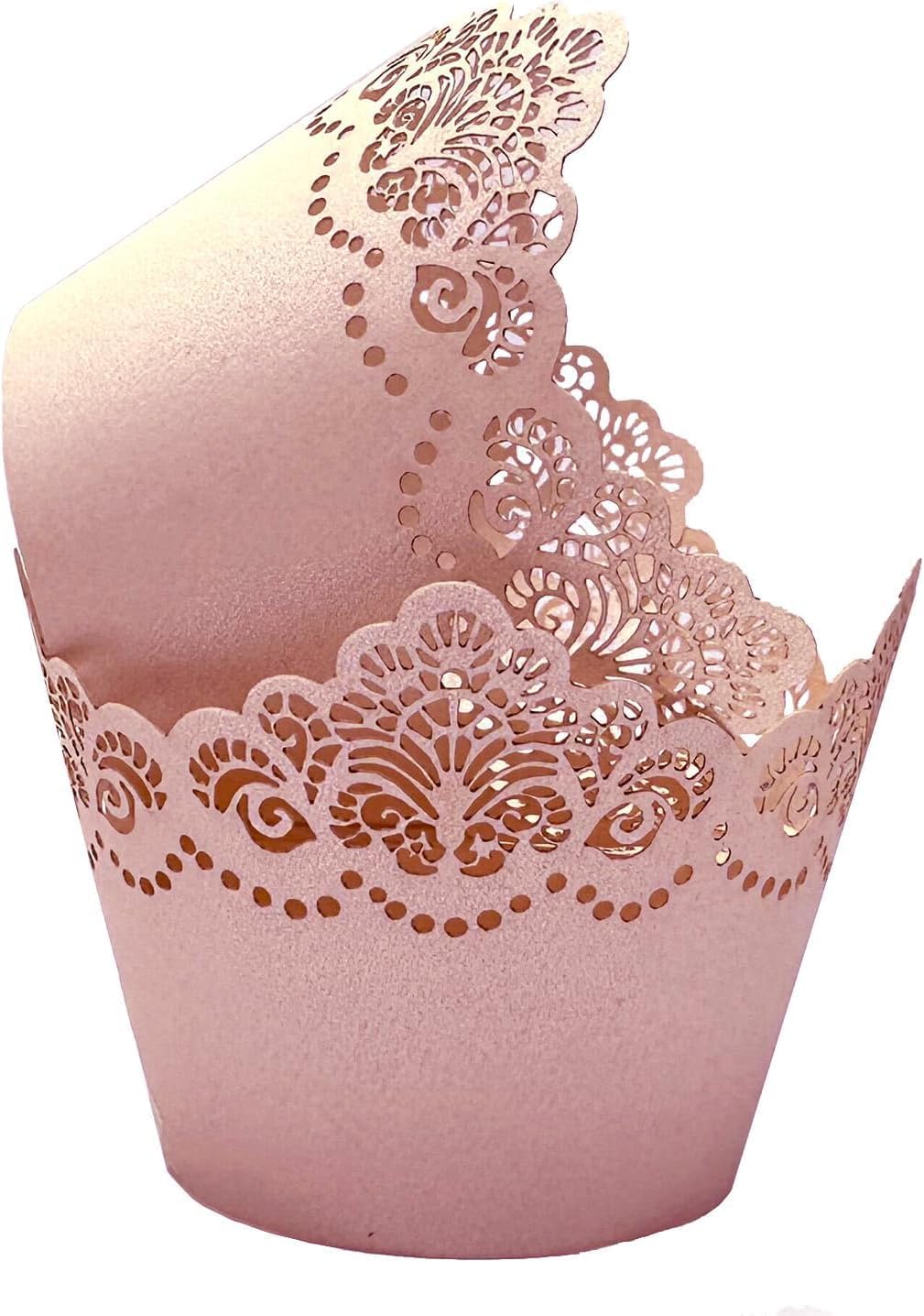 50Pcs Cupcake Wrappers Lace Laser Cut Liner Baking Cup Wraps Muffin Case Trays Crown Bake Cake Paper for Wedding Party Birthday Decoration (Light Pink)