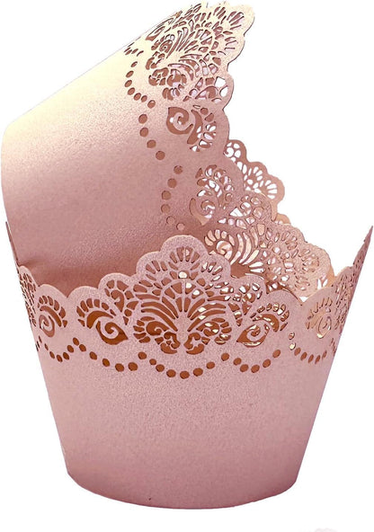 50Pcs Cupcake Wrappers Lace Laser Cut Liner Baking Cup Wraps Muffin Case Trays Crown Bake Cake Paper for Wedding Party Birthday Decoration (Light Pink)