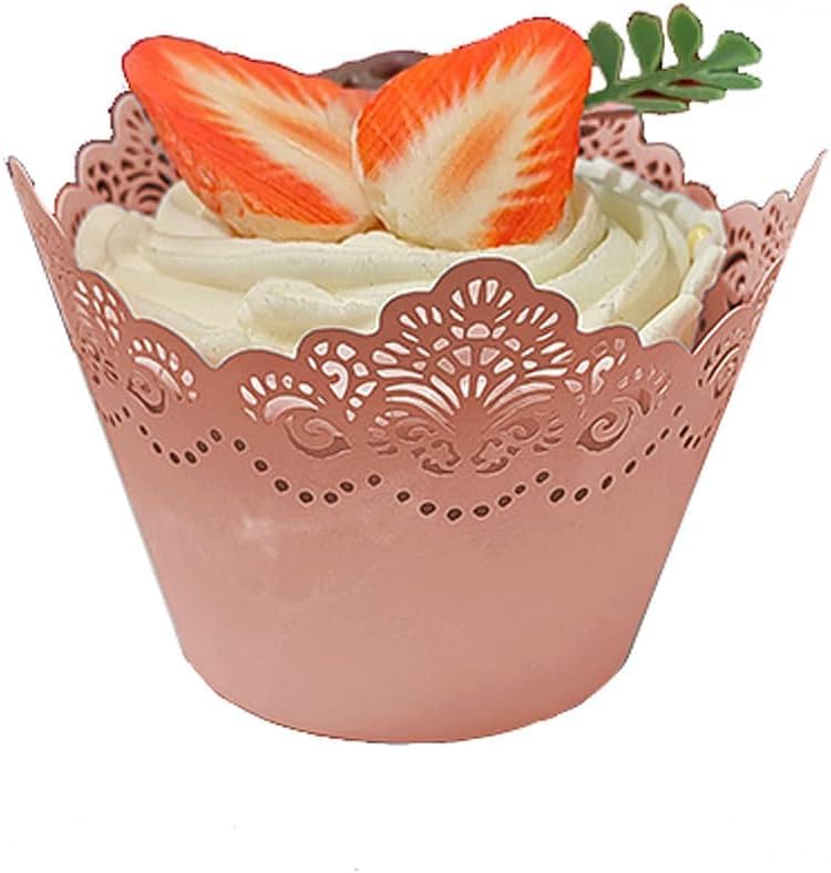 50Pcs Cupcake Wrappers Lace Laser Cut Liner Baking Cup Wraps Muffin Case Trays Crown Bake Cake Paper for Wedding Party Birthday Decoration (Light Pink)