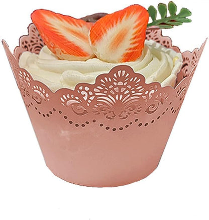50Pcs Cupcake Wrappers Lace Laser Cut Liner Baking Cup Wraps Muffin Case Trays Crown Bake Cake Paper for Wedding Party Birthday Decoration (Light Pink)