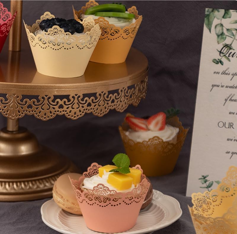 50Pcs Cupcake Wrappers Lace Laser Cut Liner Baking Cup Wraps Muffin Case Trays Crown Bake Cake Paper for Wedding Party Birthday Decoration (Light Pink)