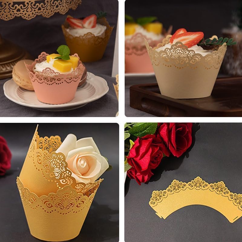 50Pcs Cupcake Wrappers Lace Laser Cut Liner Baking Cup Wraps Muffin Case Trays Crown Bake Cake Paper for Wedding Party Birthday Decoration (Light Pink)