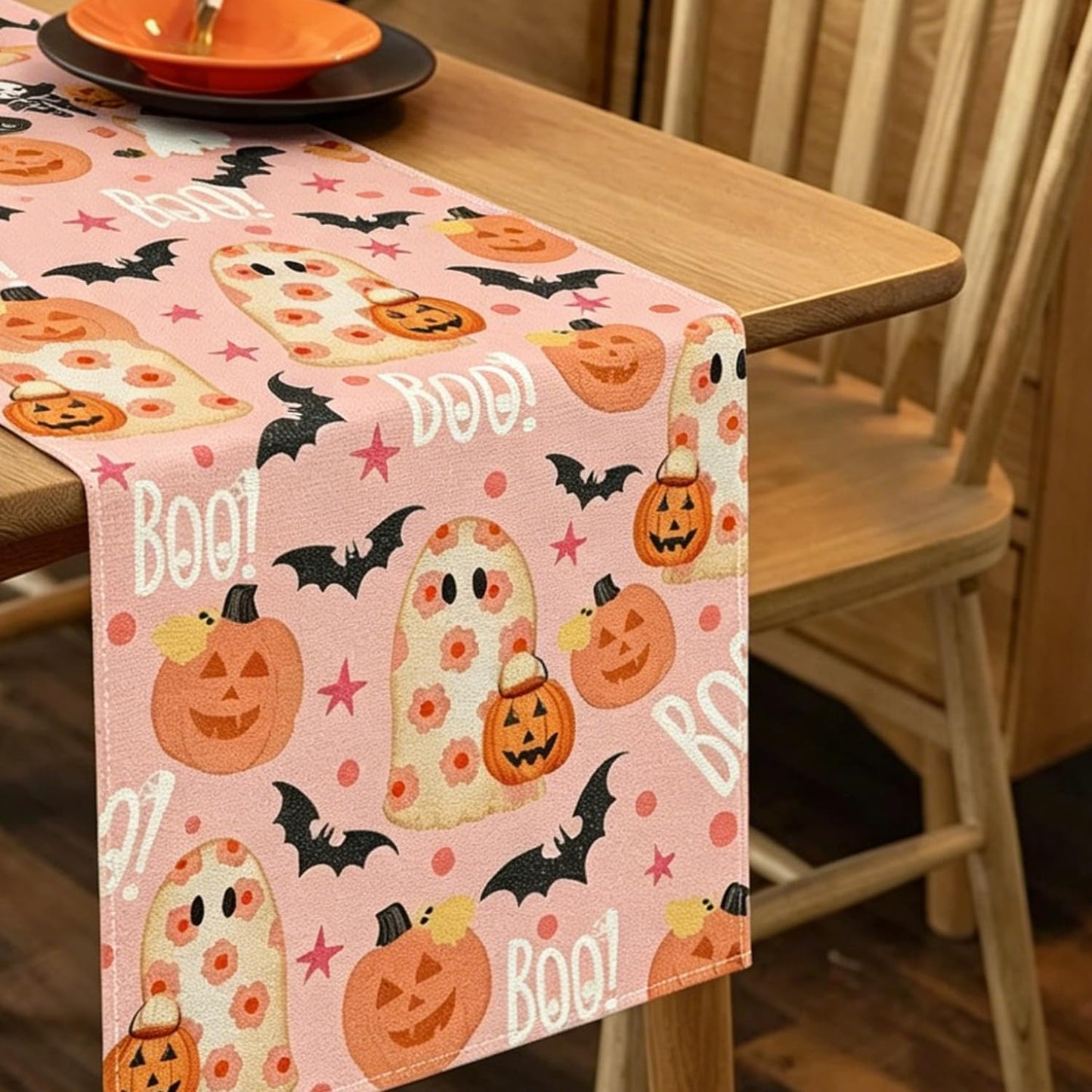 Halloween Table Runner Pink,Ghost Pumpkin Bat Table Runners 13x72 Inch