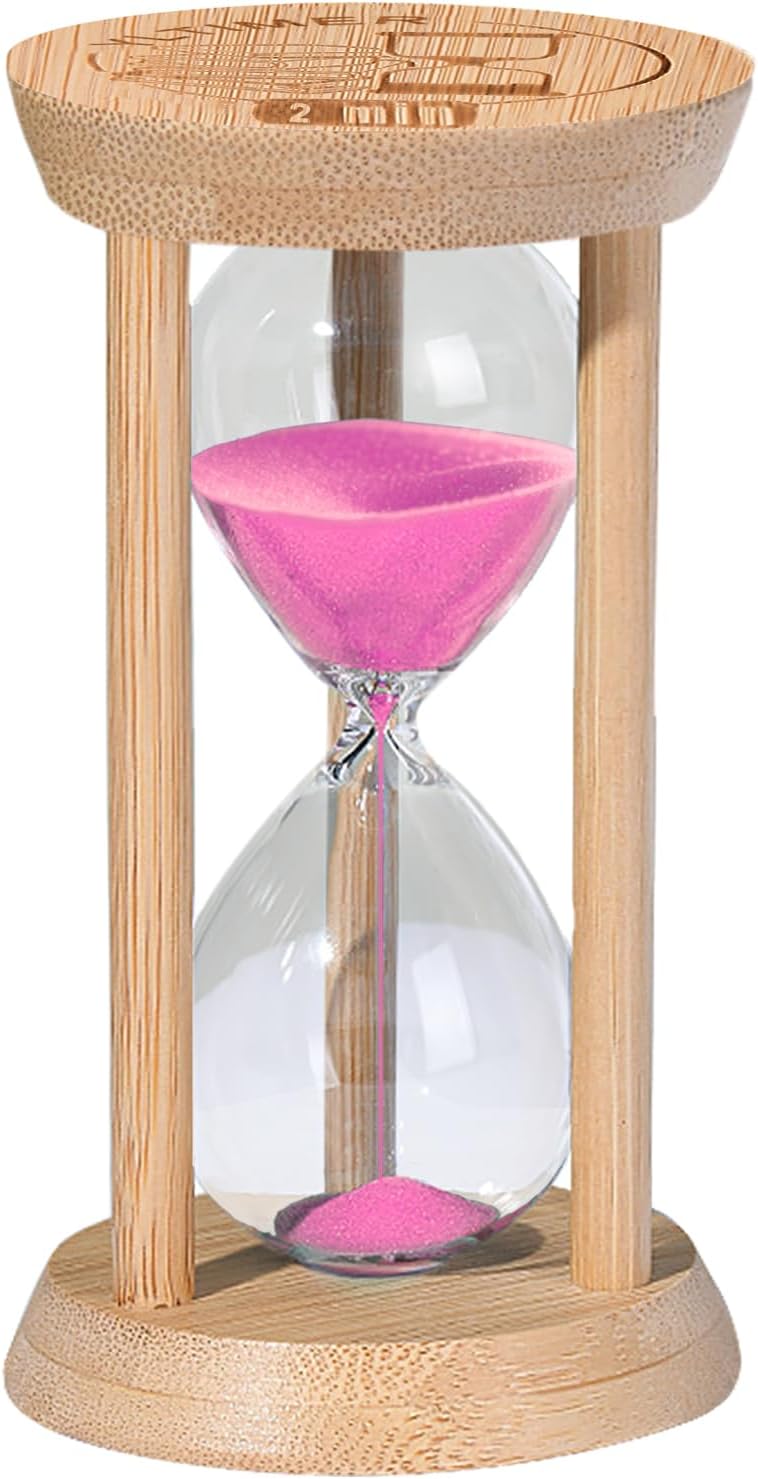Wooden Sand Timers 2 Minute Hourglass,Bamboo Mini Pink Sand Clock for Decor, Small Reloj De Arena for Kitchen, Office, Toothbrush, Classroom