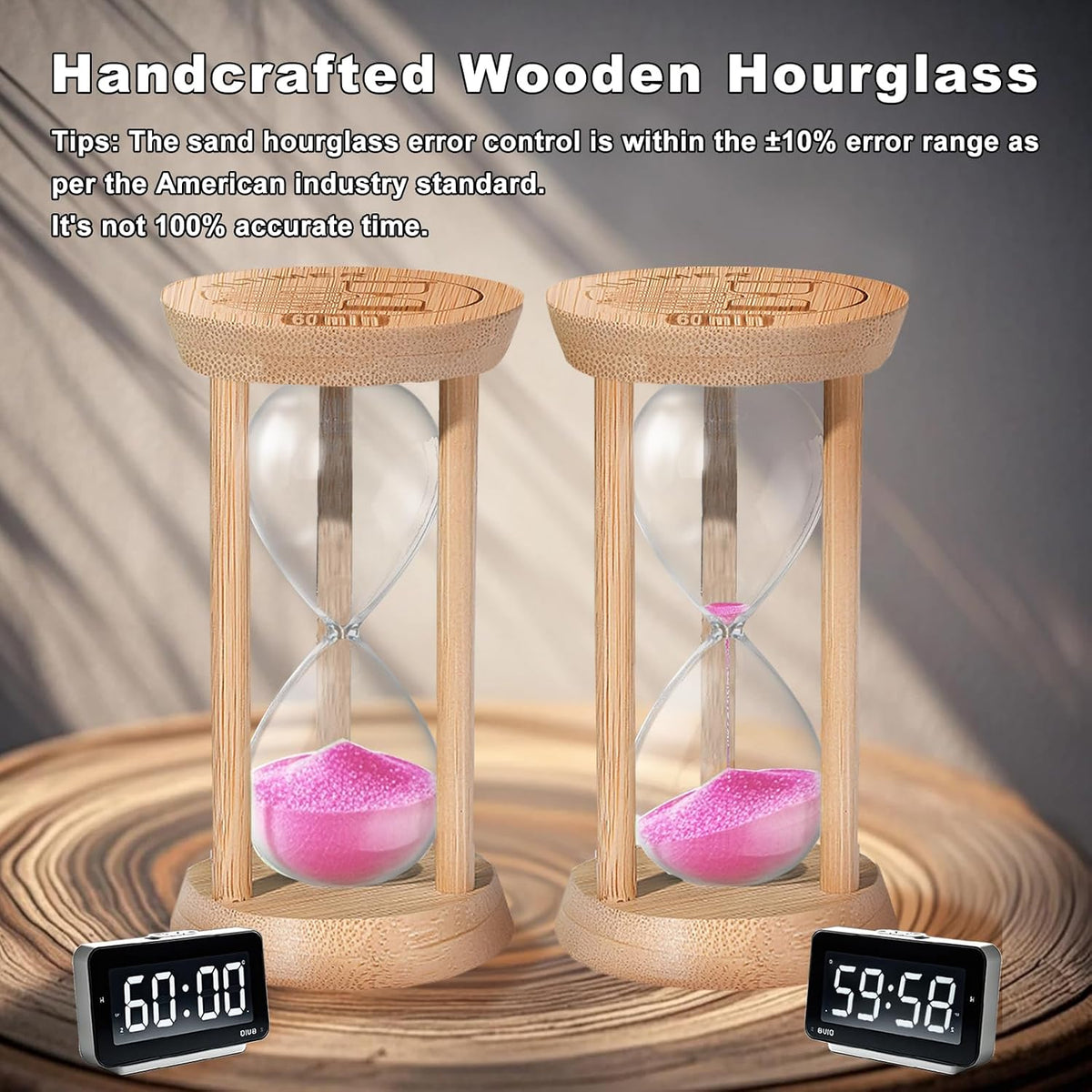 Wooden Sand Timers 2 Minute Hourglass,Bamboo Mini Pink Sand Clock for Decor, Small Reloj De Arena for Kitchen, Office, Toothbrush, Classroom