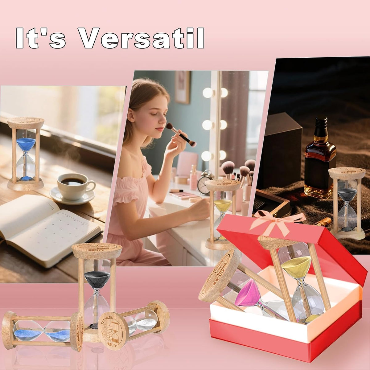 Wooden Sand Timers 2 Minute Hourglass,Bamboo Mini Pink Sand Clock for Decor, Small Reloj De Arena for Kitchen, Office, Toothbrush, Classroom