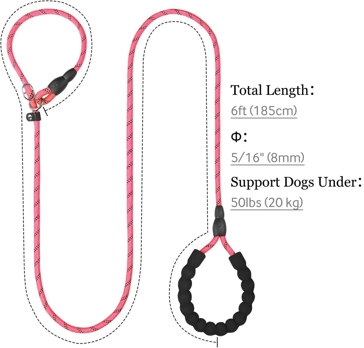 Slip Lead for Dogs, No Pull Training Leash, Padded Handle (Pink)