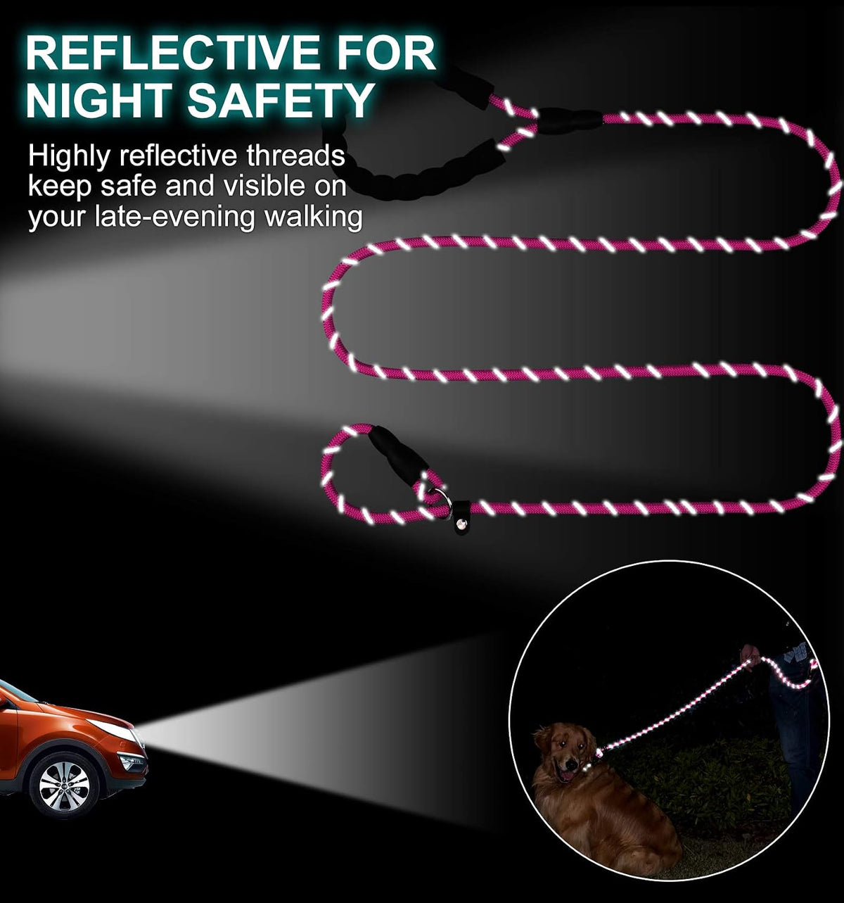 Slip Lead for Dogs, No Pull Training Leash, Padded Handle (Pink)