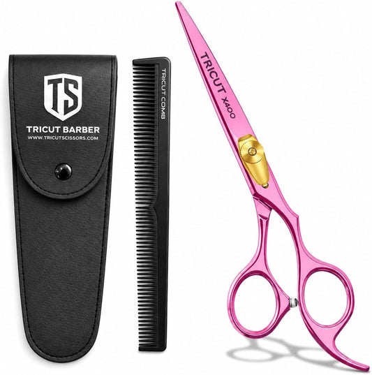 X400 Professional Barber Scissors 6.5” – Pink Hair Cutting Shears for Men & Women Japanese Stainless Steel, Adjustable Tension Screw, Ergonomic Handle Includes Comb & Leather Case