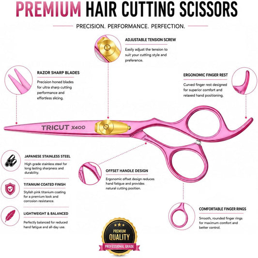 X400 Professional Barber Scissors 6.5” – Pink Hair Cutting Shears for Men & Women Japanese Stainless Steel, Adjustable Tension Screw, Ergonomic Handle Includes Comb & Leather Case