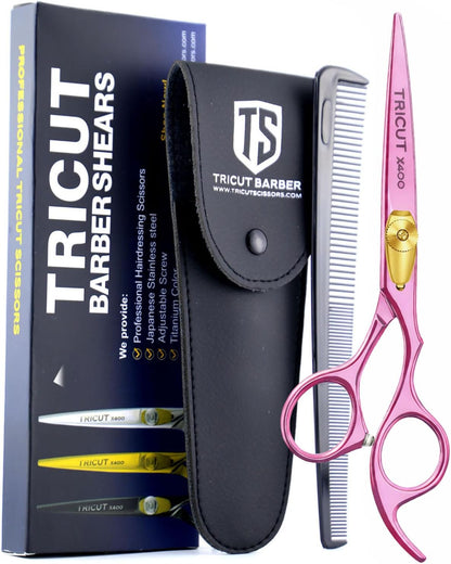 X400 Professional Barber Scissors 6.5” – Pink Hair Cutting Shears for Men & Women Japanese Stainless Steel, Adjustable Tension Screw, Ergonomic Handle Includes Comb & Leather Case