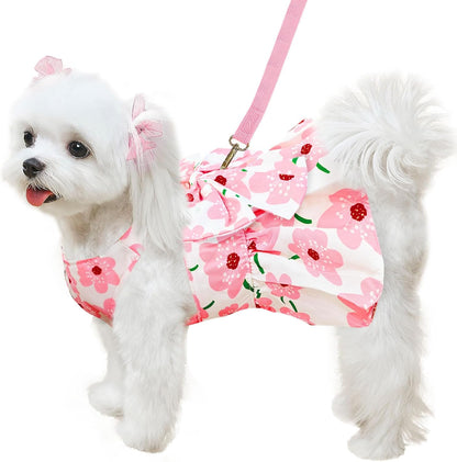 Cute Dog Dress Small Dog Clothes For Girls Female Puppy Outfits Pink Floral Pet Summer Clothes Bowknot Doggy Cat Princess Dress Harness Set for Holiday Birthday Party Costume Clothing (Pink,XS)
