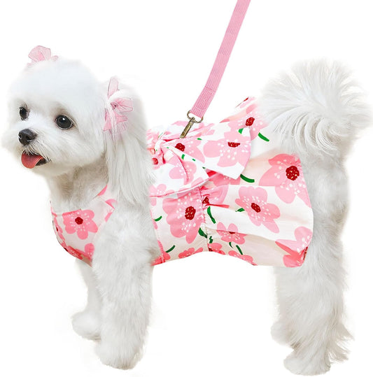 Cute Dog Dress Small Dog Clothes For Girls Female Puppy Outfits Pink Floral Pet Summer Clothes Bowknot Doggy Cat Princess Dress Harness Set for Holiday Birthday Party Costume Clothing (Pink,XS)