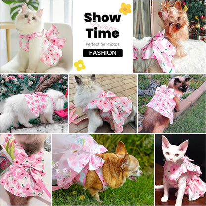 Cute Dog Dress Small Dog Clothes For Girls Female Puppy Outfits Pink Floral Pet Summer Clothes Bowknot Doggy Cat Princess Dress Harness Set for Holiday Birthday Party Costume Clothing (Pink,XS)